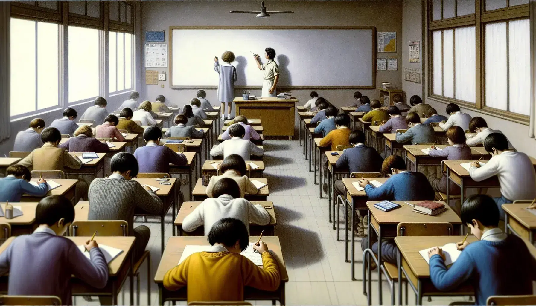 Diverse students focused in a classroom, one writing on blank paper, another reading a textbook, with a teacher explaining beside a whiteboard.