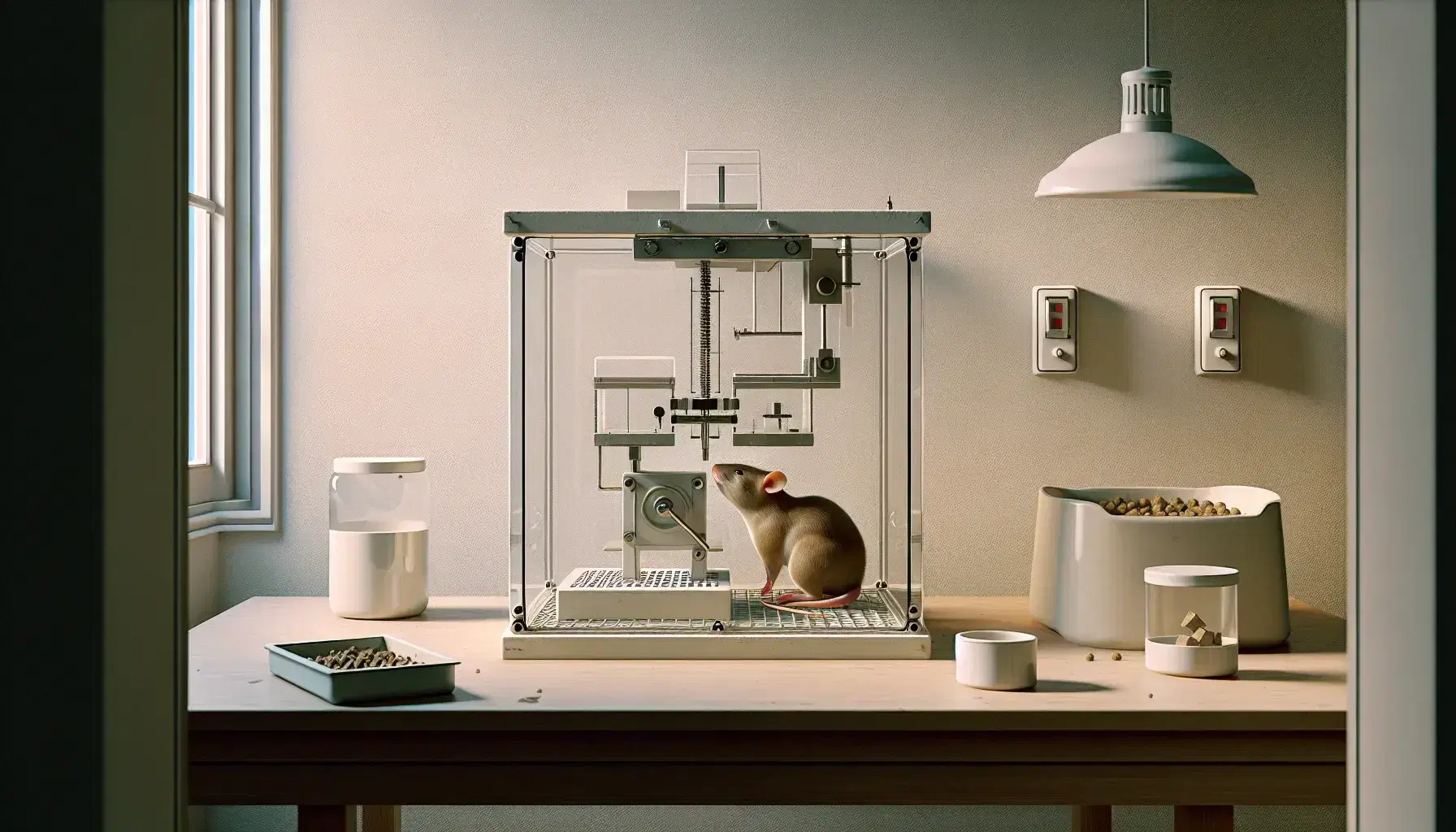 Laboratory with transparent Skinner box, brown rat standing on levers, food dispenser and cylindrical containers on the table.