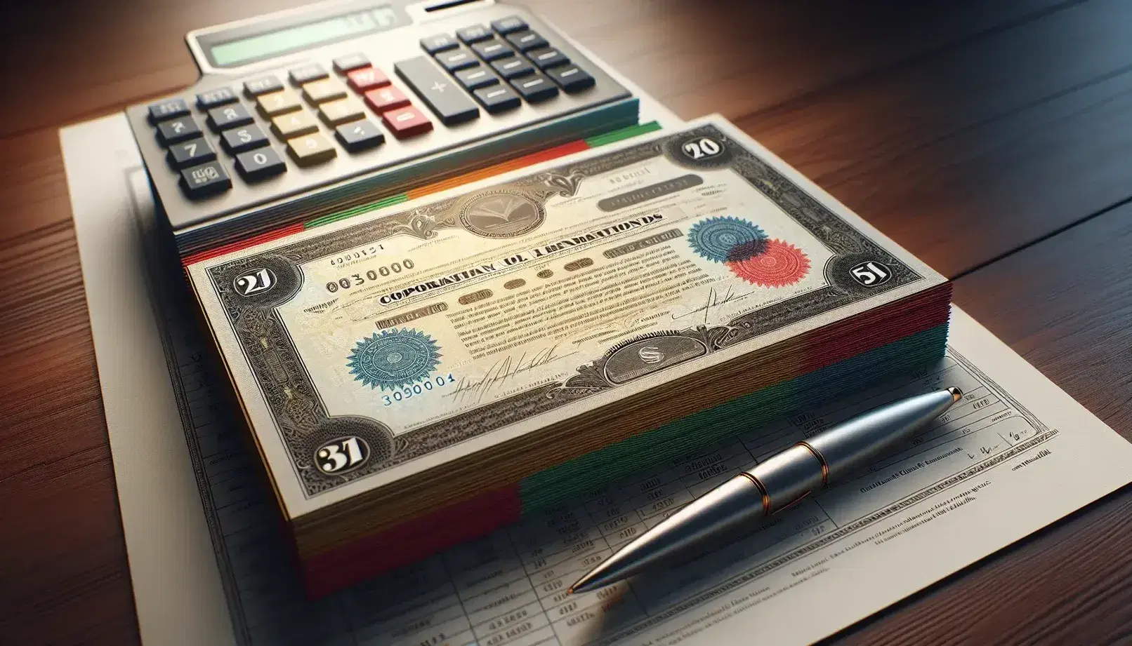Stack of colorful corporate bonds with intricate designs on a wooden desk beside a calculator and metallic pen, under soft lighting.
