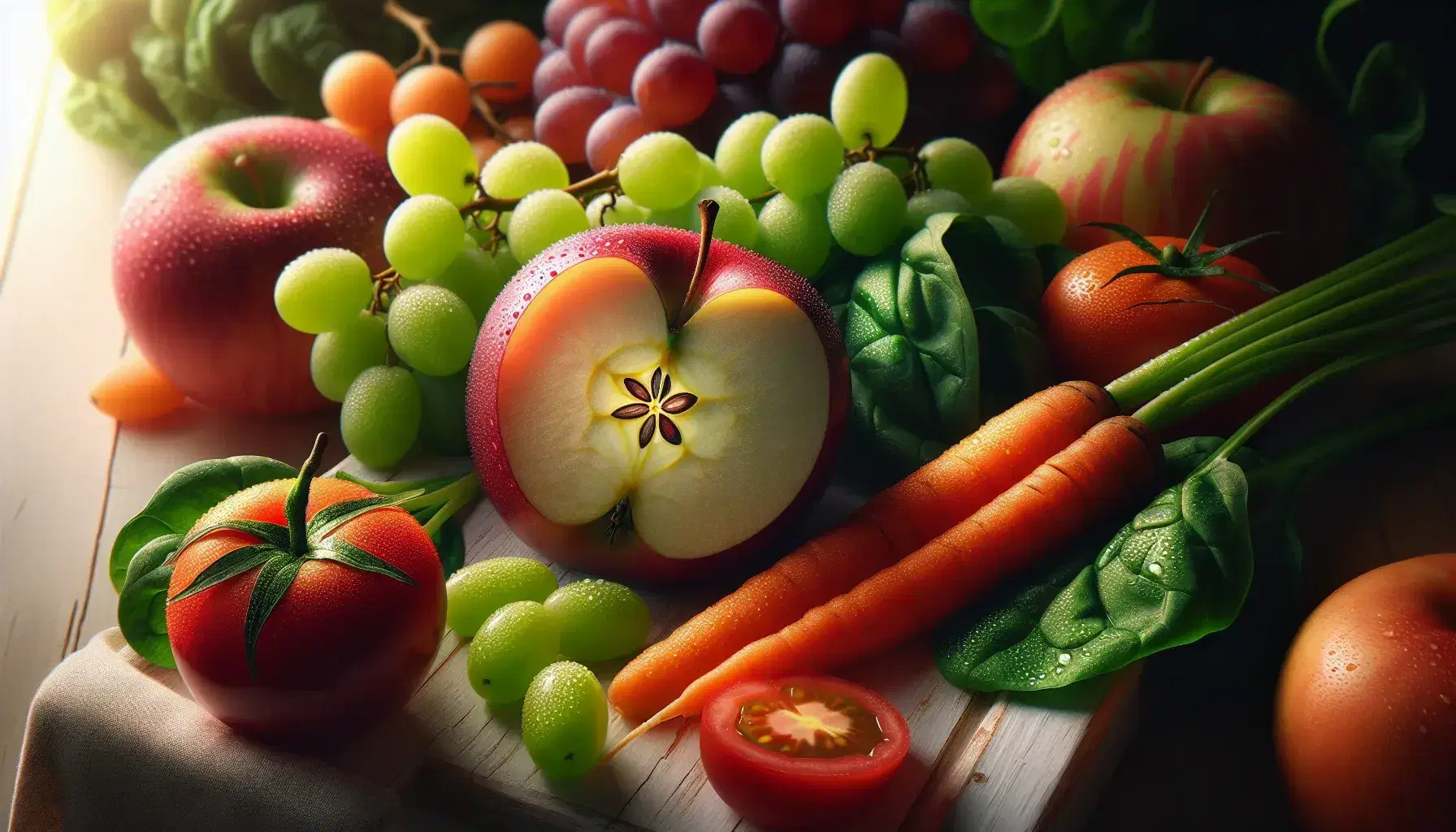 Variedad de alimentos frescos con manzana roja cortada, uvas verdes, zanahoria naranja, hojas de espinaca y tomate rojo sobre superficie de madera clara.