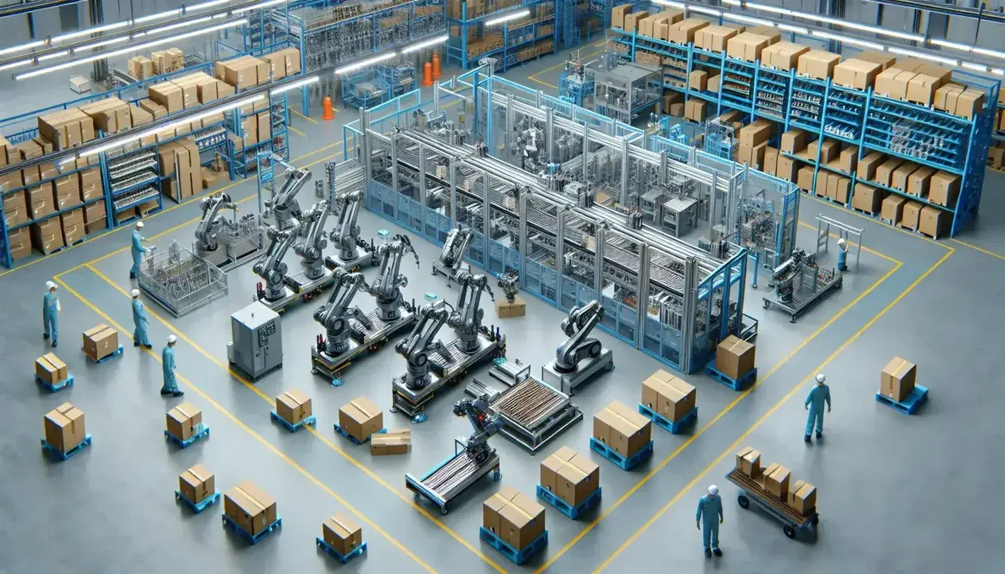 Vista aérea de planta industrial con línea de ensamblaje automatizada, brazos robóticos, estanterías con cajas y trabajadores con cascos de seguridad.