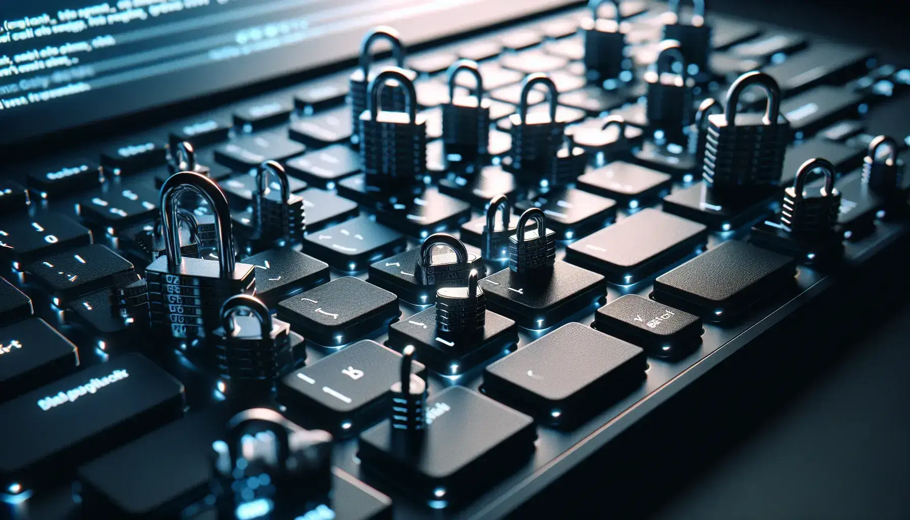 Teclado moderno con candados metálicos dispersos sobre las teclas negras y luz azulada de pantalla de computadora al fondo.