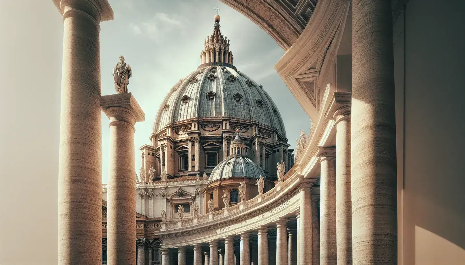 Cúpula de la Basílica de San Pedro en el Vaticano diseñada por Michelangelo, con columnas de mármol y cielo azul claro.