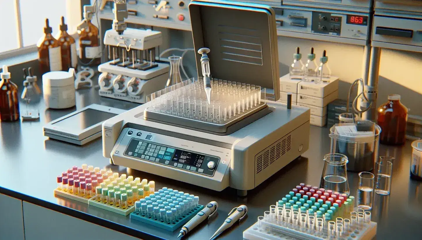 Close-up of a lab bench with an open microcentrifuge, pipette over microtube rack, partially open thermal cycler, and analytical balance with white powder.