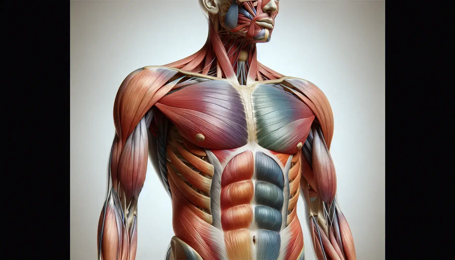 Illustrazione anatomica dettagliata dei muscoli addominali umani con pelle trasparente che mostra strati muscolari colorati in posizione eretta.