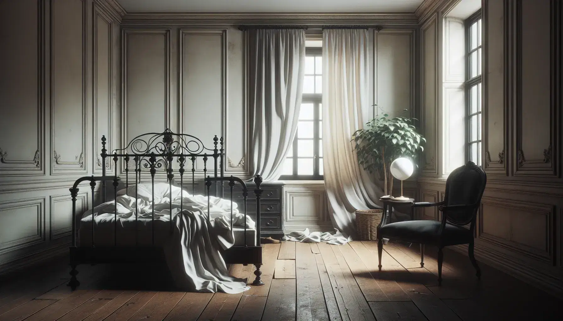 Habitación antigua con cama de hierro negro, sábanas blancas desordenadas, mesita de noche con lámpara, ventana con cortinas semiabiertas y silla de madera con chaqueta oscura.