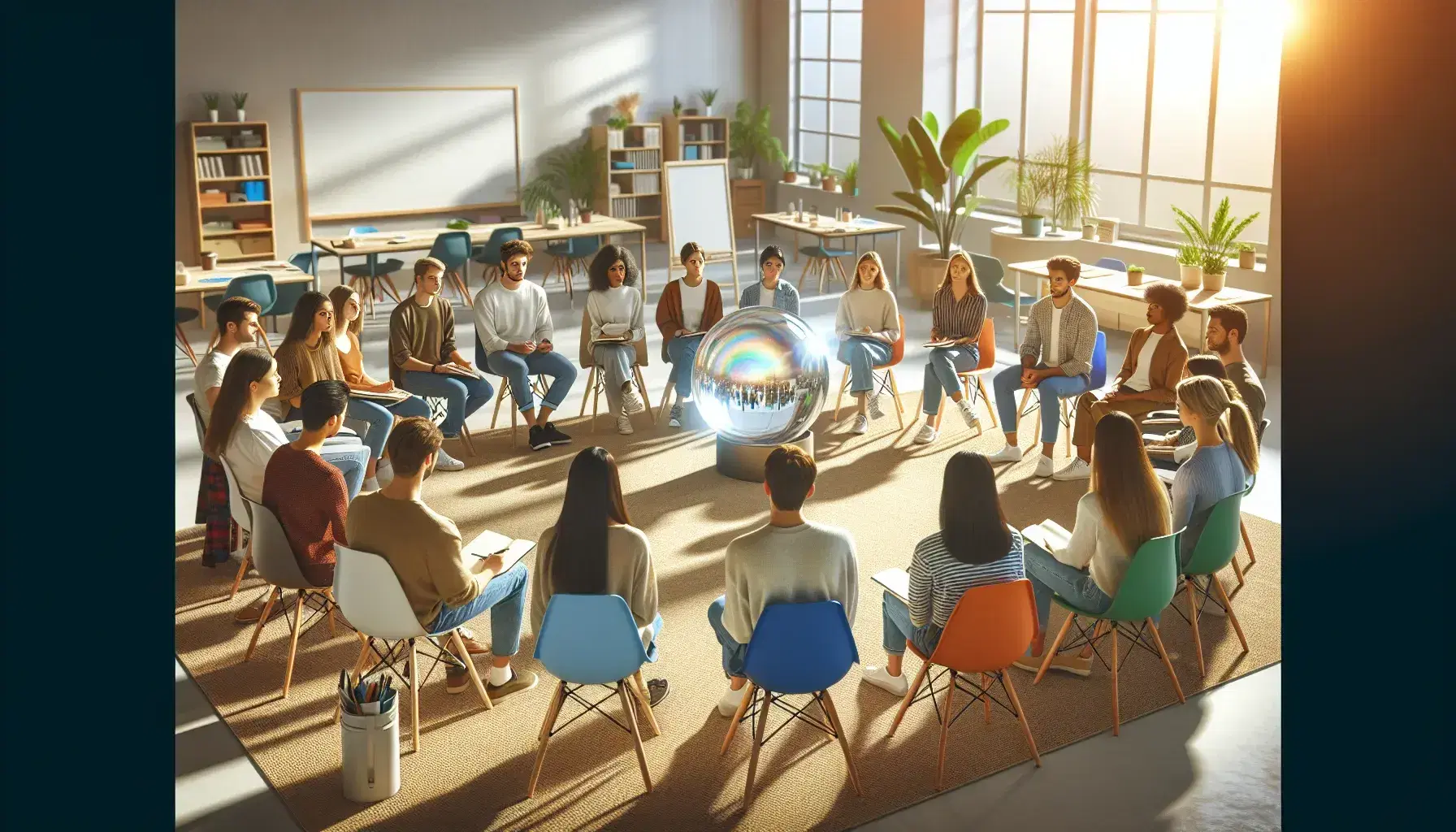 Grupo diverso de estudiantes en círculo en aula iluminada con esfera de vidrio en el centro, reflejando luz y colores, en ambiente de aprendizaje colaborativo.