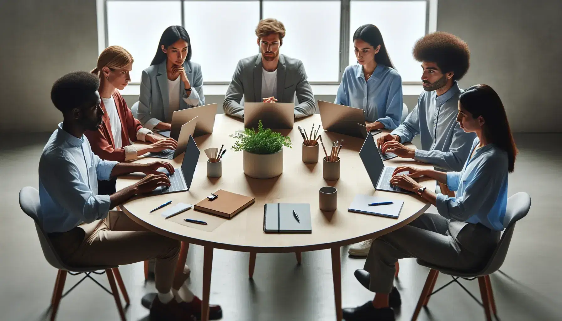 Grupo diverso de cinco profesionales colaborando en una oficina, sentados alrededor de una mesa redonda con laptops y materiales de trabajo, en un ambiente iluminado naturalmente.