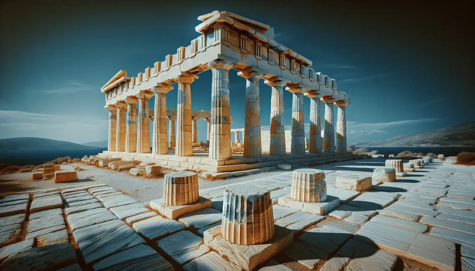 Tempio di Afaia sull'isola di Egina con colonne d'avorio, cielo azzurro sereno e vegetazione mediterranea circostante.