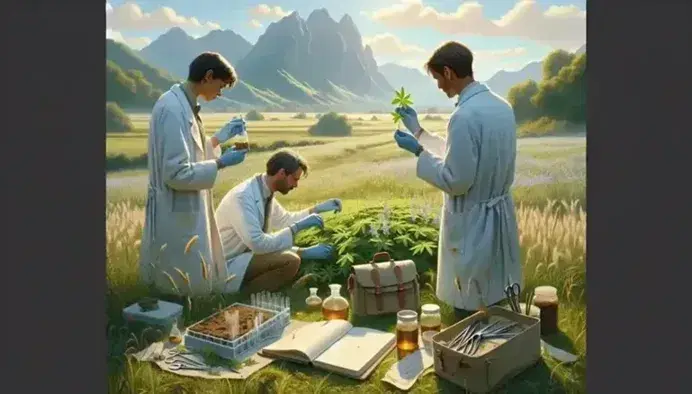 Grupo de tres científicos en campo verde realizando estudios de flora y toma de muestras de suelo con montañas al fondo.