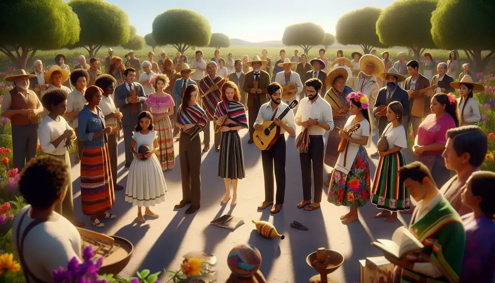 Grupo diverso disfrutando de música y cultura mexicana al aire libre, con instrumentos tradicionales y trajes típicos bajo un cielo azul.