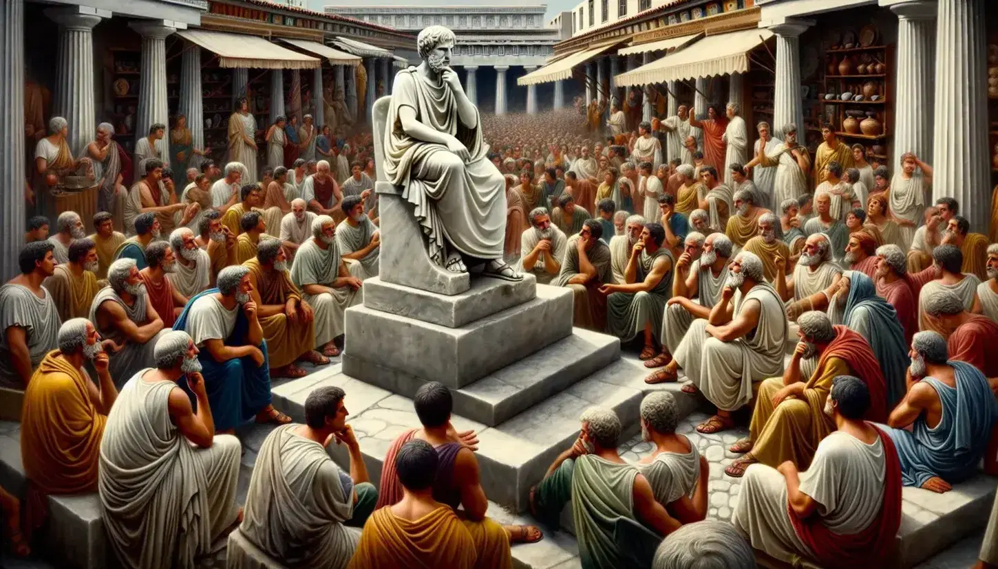 Scena vivace nell'Agora antica greca con statua di filosofo, cittadini in discussione, banchi di mercato e colonne di templi.