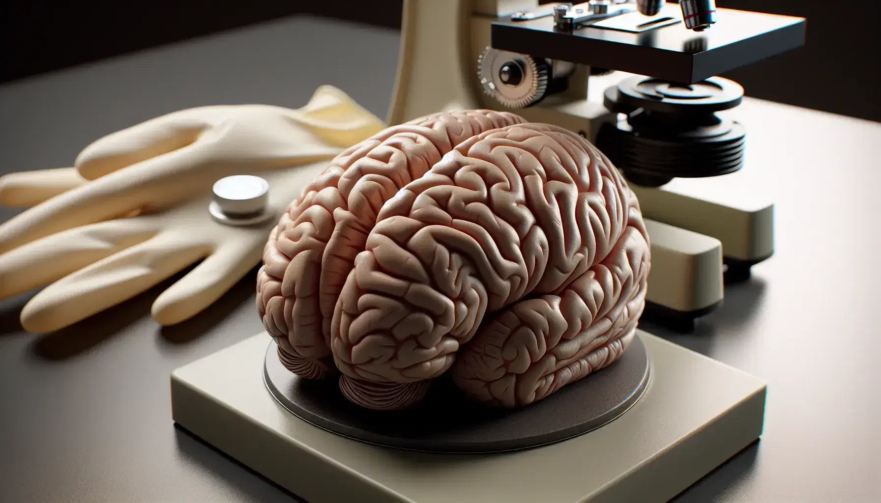 Modelo anatómico detallado de cerebro humano en 3D sobre superficie neutra con microscopio y guantes de látex en fondo desenfocado, enfatizando estudio en neurología.