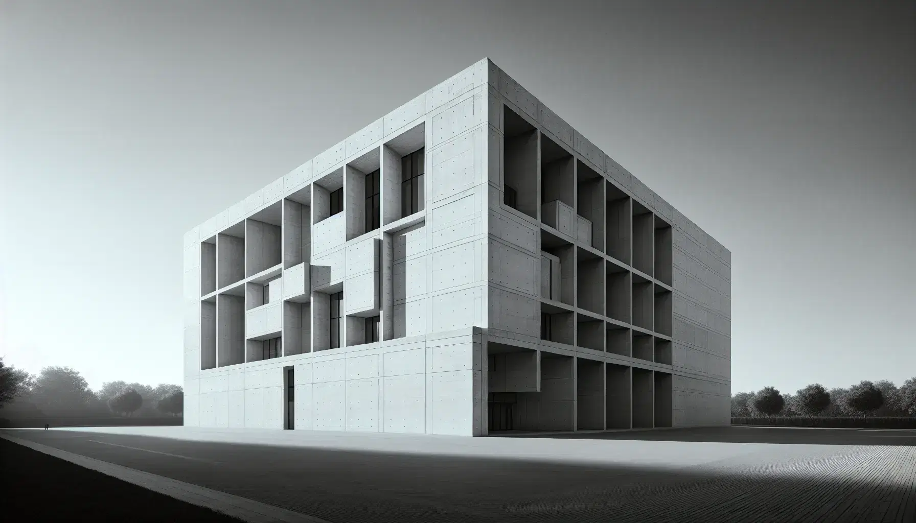 Edificio moderno razionalista in cemento armato con linee geometriche, finestre rettangolari e spazi verdi circostanti sotto un cielo azzurro.