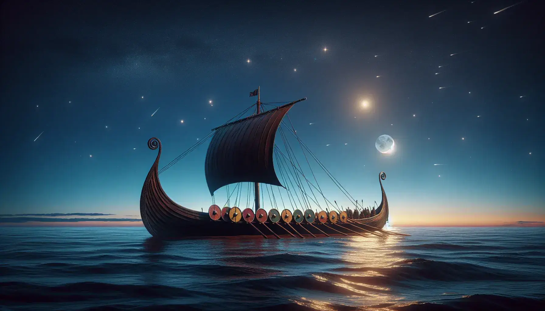 Viking longship at twilight with crescent moon, starry sky, and reflective sea, featuring shield-lined hull, billowing sail, and navigators at work.