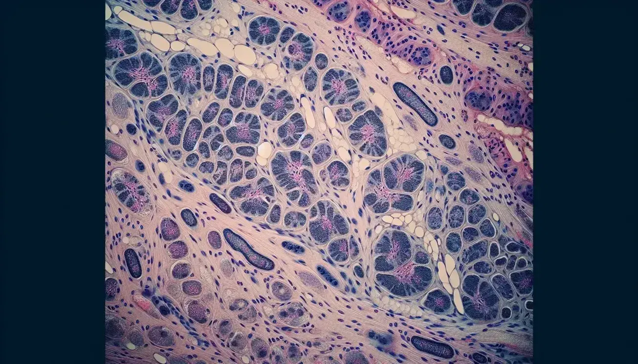Vista microscópica de tejido celular con células irregulares y núcleos oscuros, teñidas en tonos de rosa, púrpura y azul, mostrando una red de comunicación celular.