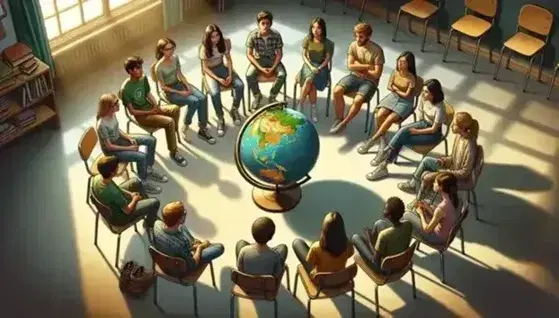 Studenti multietnici seduti in cerchio discutono attorno a un globo terrestre in una classe illuminata.
