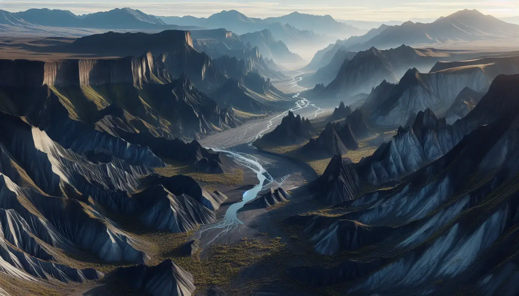 Vista aérea de una cadena montañosa con picos irregulares, valle profundo y río serpenteante, reflejando la luz solar en un paisaje natural sin señales de presencia humana.
