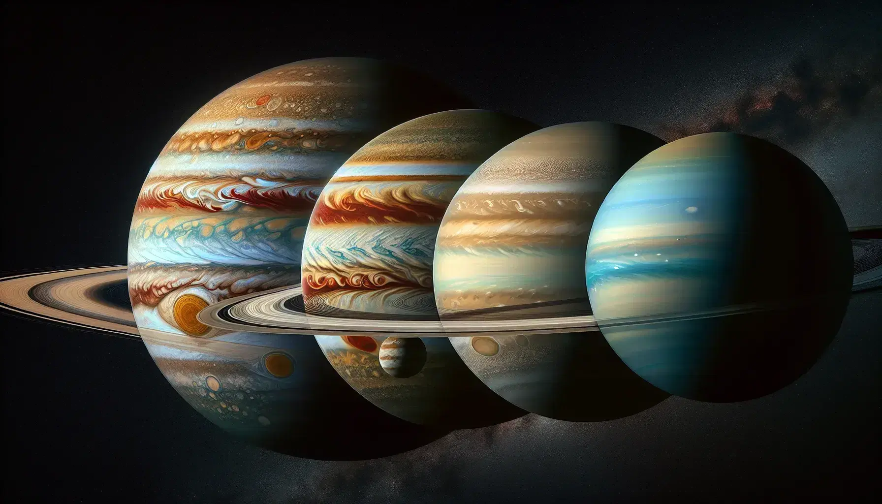 Pianeti gassosi giganti del sistema solare in fila: Giove con la Grande Macchia Rossa, Saturno e i suoi anelli, Urano blu-verde, Nettuno blu scuro.