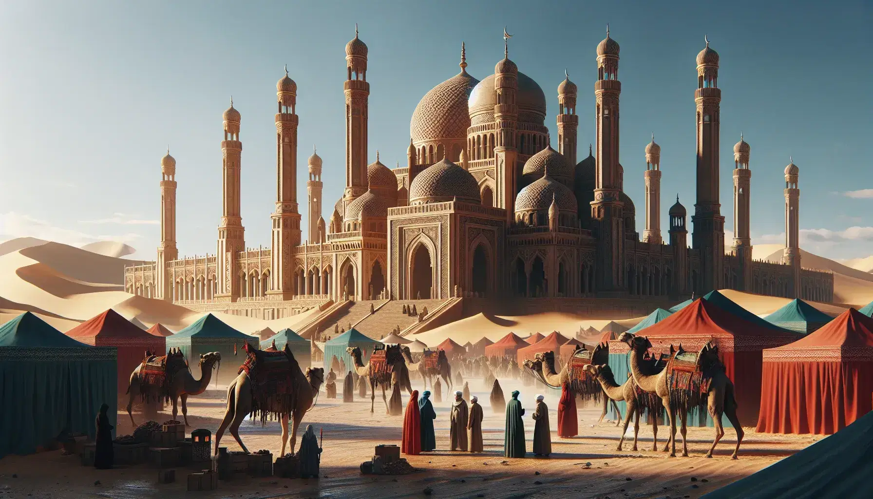 Scena storica con moschea dalle cupole e minareti in un mercato affollato del deserto, persone in abiti tradizionali e cammelli al tramonto.