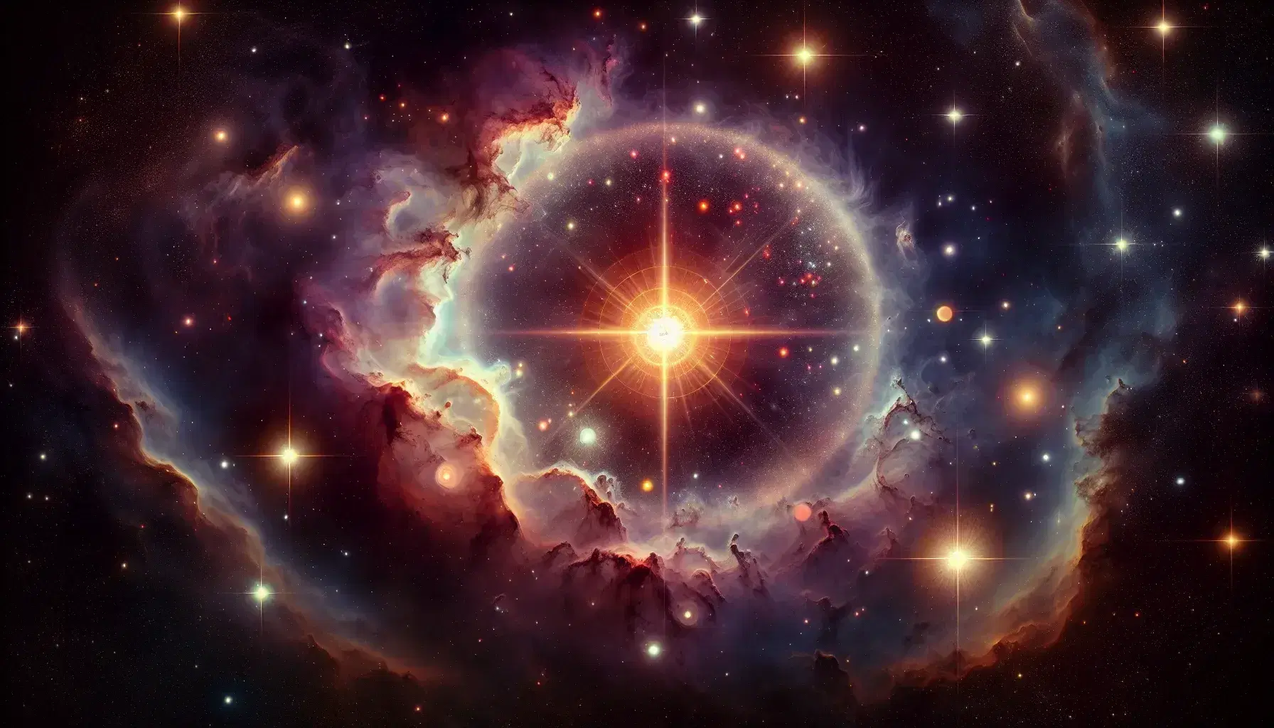 Starry night sky with a prominent orange-to-yellow star, smaller stars, a colorful nebula, a vibrant supernova remnant, and a silhouetted telescope.