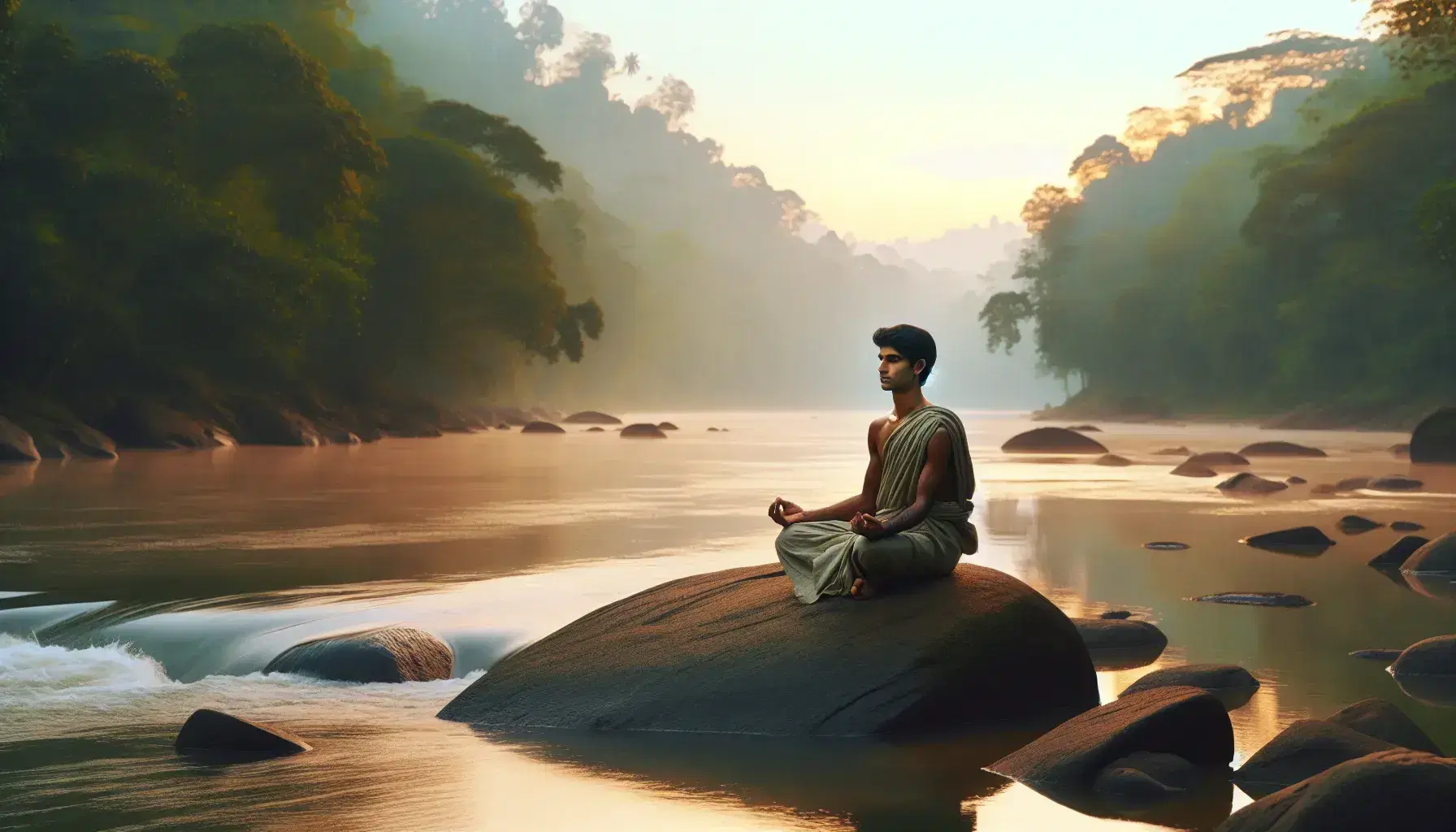 Serene dawn river scene with a South Asian man meditating on a rock, reflecting sunrise colors on water, flanked by a dense green forest and a clear sky.