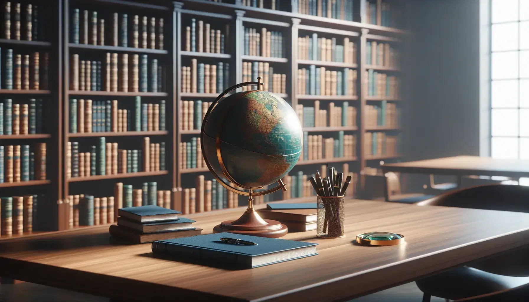Biblioteca con estanterías de madera oscura llenas de libros, mesa con globo terráqueo, lupa y cuaderno abierto con bolígrafo, en ambiente iluminado suavemente.