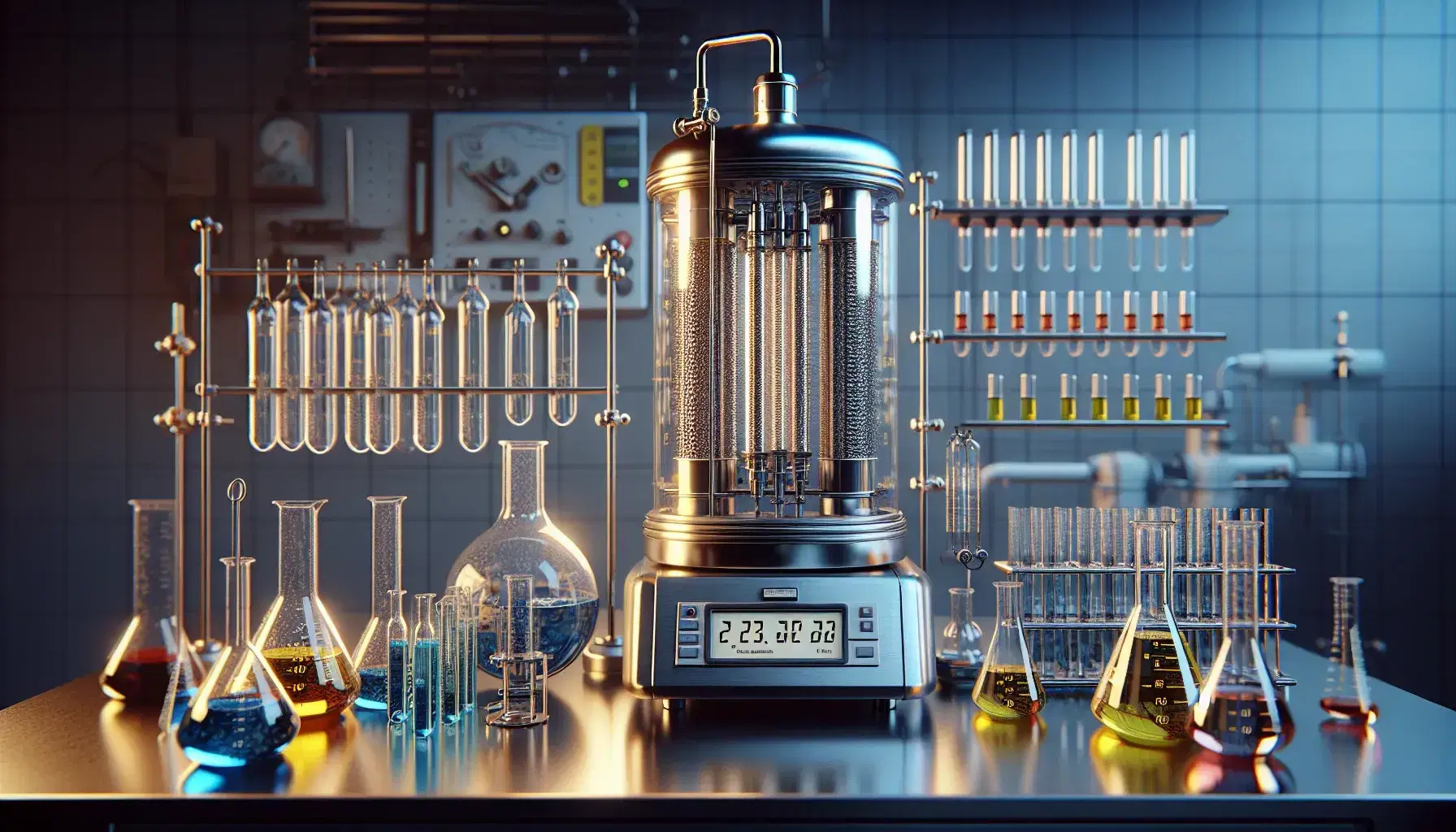 Laboratorio scientifico moderno con calorimetro, becher con liquidi colorati, provette, termometro al mercurio e fiamma di Bunsen.