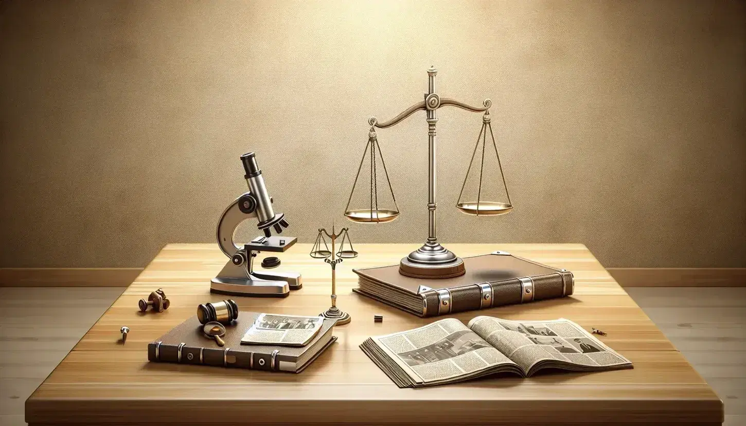 Mesa de madera clara con microscopio metálico, carpeta de cartón, balanza de justicia dorada y periódico doblado, simbolizando textos científicos, administrativos, legales y periodísticos.