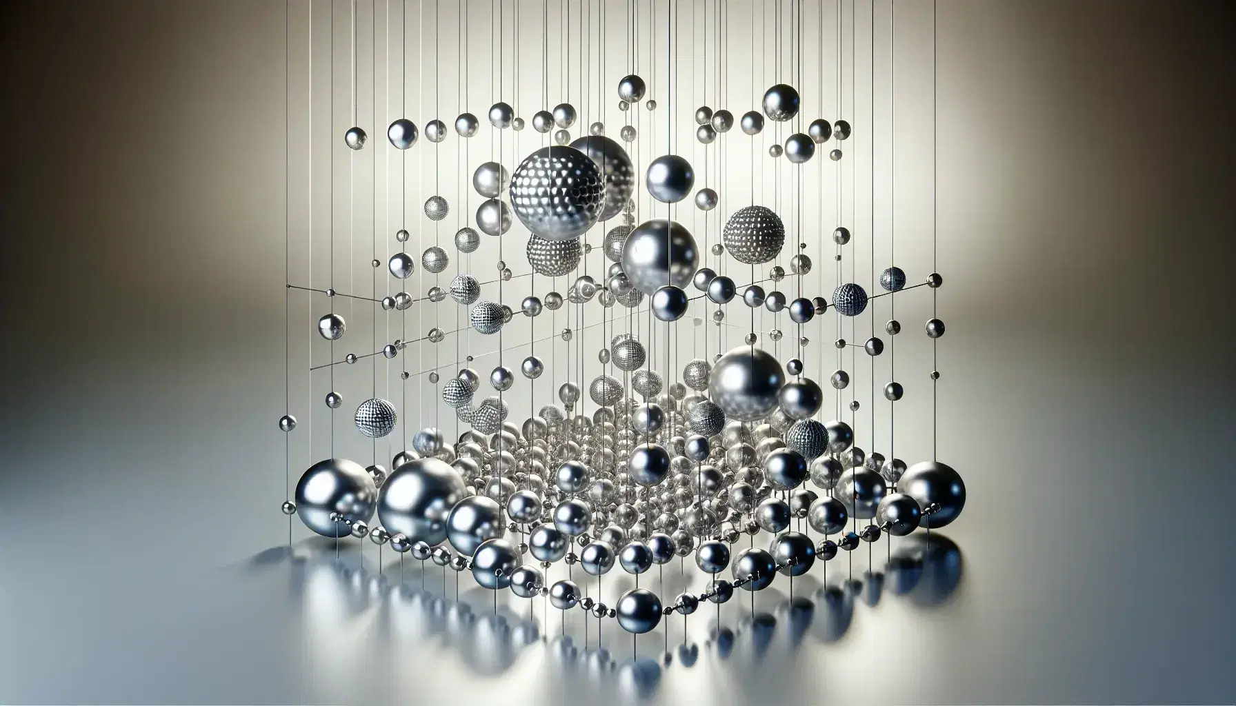 Sfere metalliche lucide sospese in griglia tridimensionale con riflessi luminosi e ombre su sfondo grigio neutro.