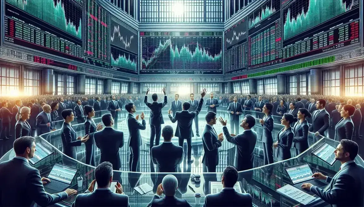 Gruppo di broker in borsa discutono animatamente con grafici finanziari sullo sfondo e dispositivi elettronici in primo piano.