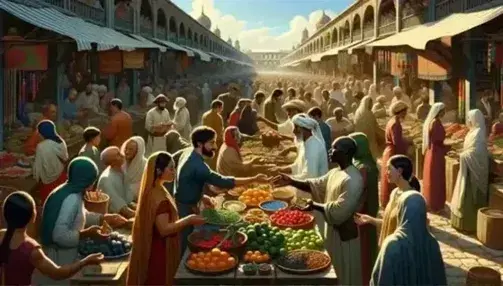Crowded open-air market with people of different ethnicities trading, fruit, vegetable and handmade jewelry stalls, handshake between two people.
