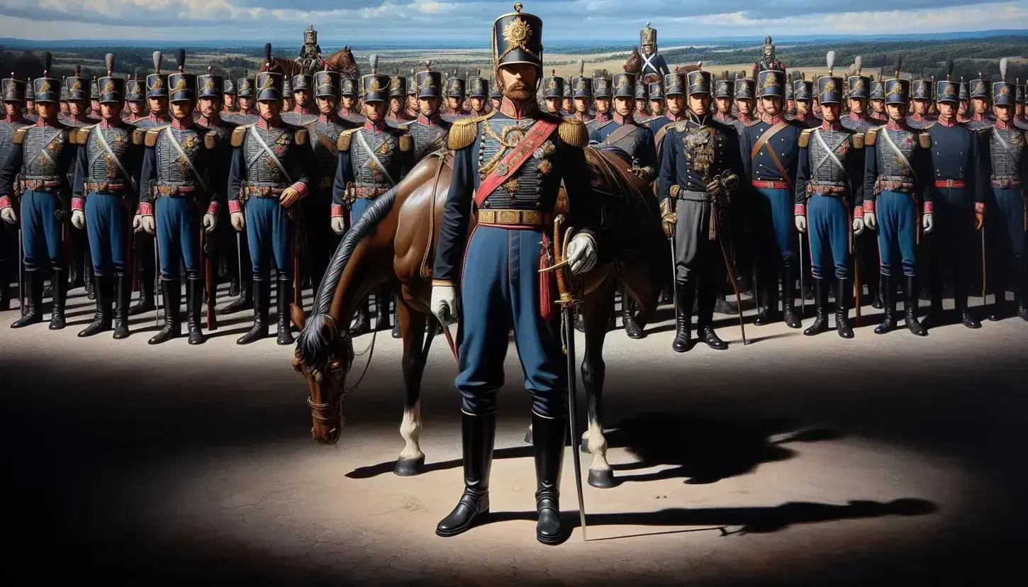 Grupo de figuras en uniformes militares del siglo XIX con detalles rojos y blancos, destacando un oficial con sable y banda roja junto a un caballo marrón, en un paisaje abierto bajo un cielo parcialmente nublado.