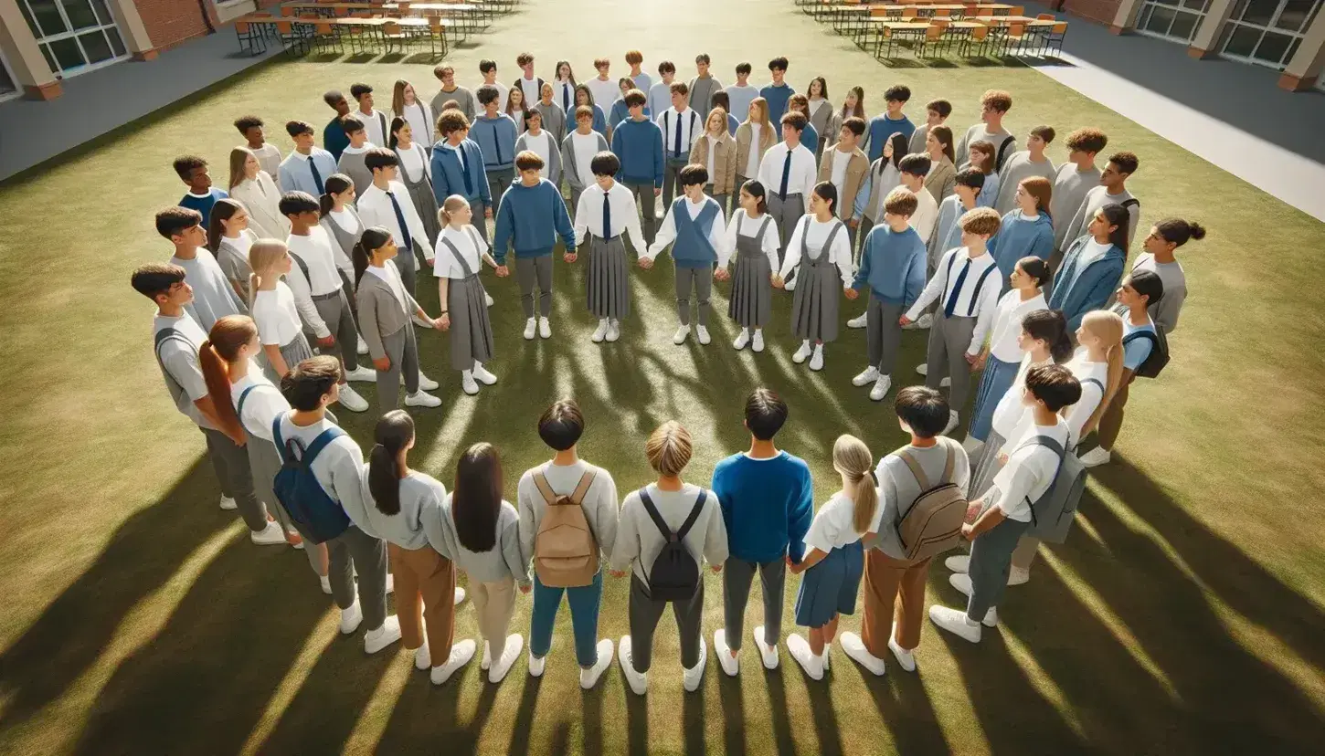 Grupo diverso de estudiantes en uniformes escolares formando un círculo al aire libre, con dos jóvenes dándose la mano en señal de acuerdo.