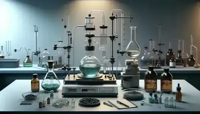 Banco laboratorio chimico con apparecchiatura per estrazione Soxhlet, bilancia analitica, materiale vegetale, solventi in bottiglie marroni e strumenti vetreria.