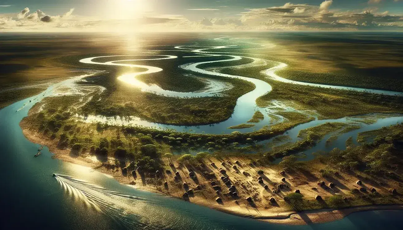 Fiume serpeggiante con acque azzurre, rive verdi e piccolo insediamento umano in primo piano, sotto un cielo terso.