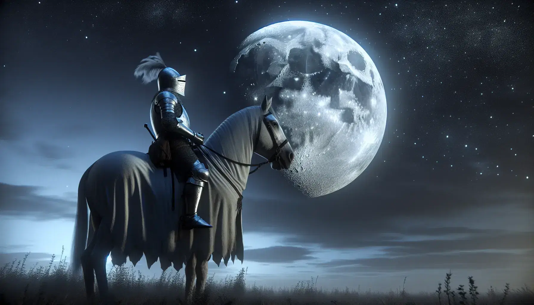 Cavaliere medievale in armatura completa su cavallo bianco ammira la luna piena in cielo notturno stellato.