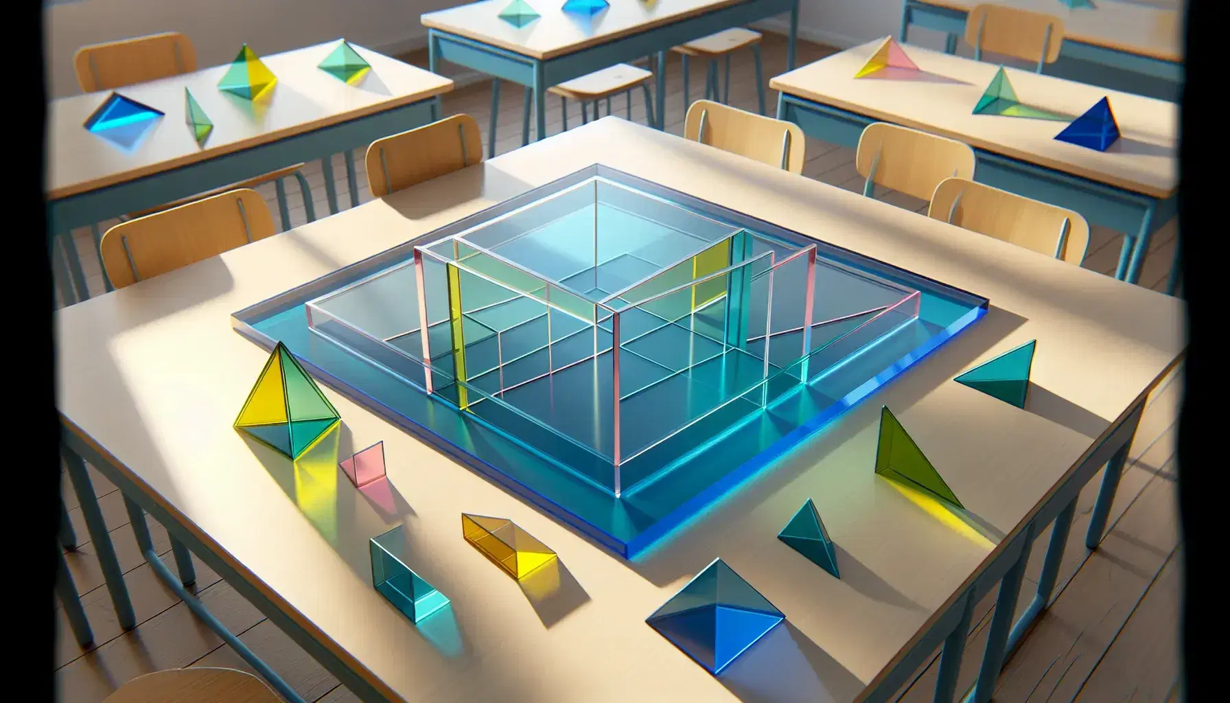 Colorful translucent geometric shapes on a wooden table, featuring a blue rectangle, overlapping green rhomboids, and yellow triangles forming a parallelogram.
