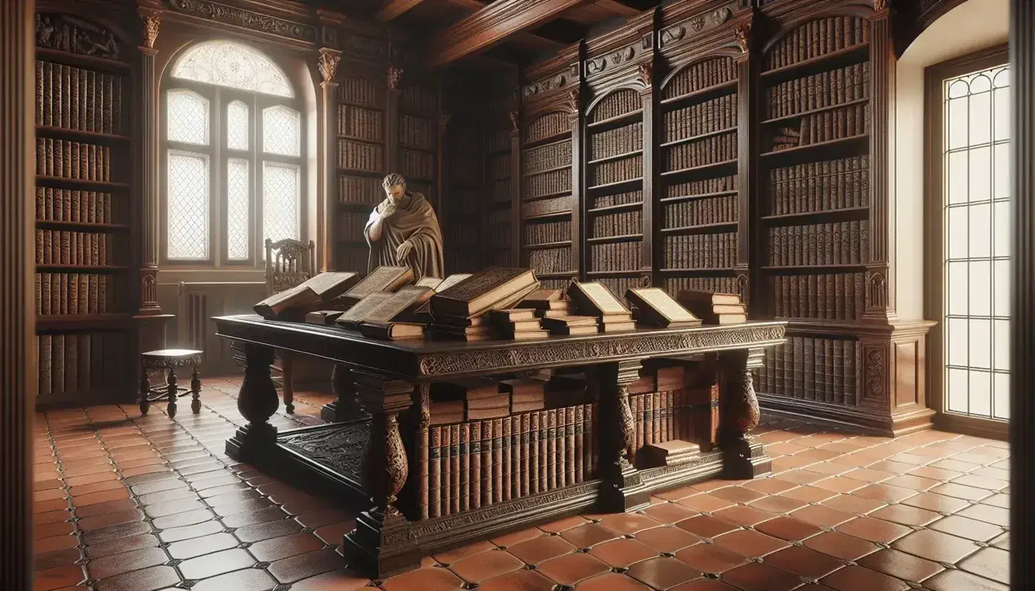 Biblioteca renacentista con mesa de madera oscura, libros de cuero, estantería repleta y escultura de mármol de hombre pensativo.