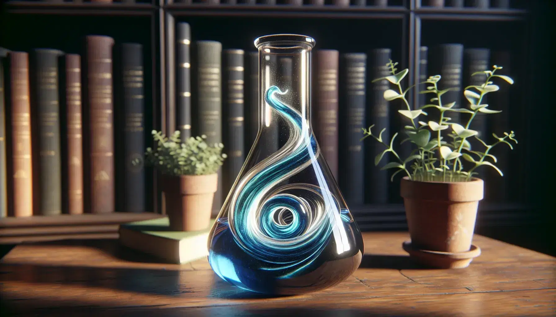 Swirling deep blue liquid in a clear glass flask on a wooden table, surrounded by green plants in terracotta pots, with soft sunlight and blurred bookshelf background.