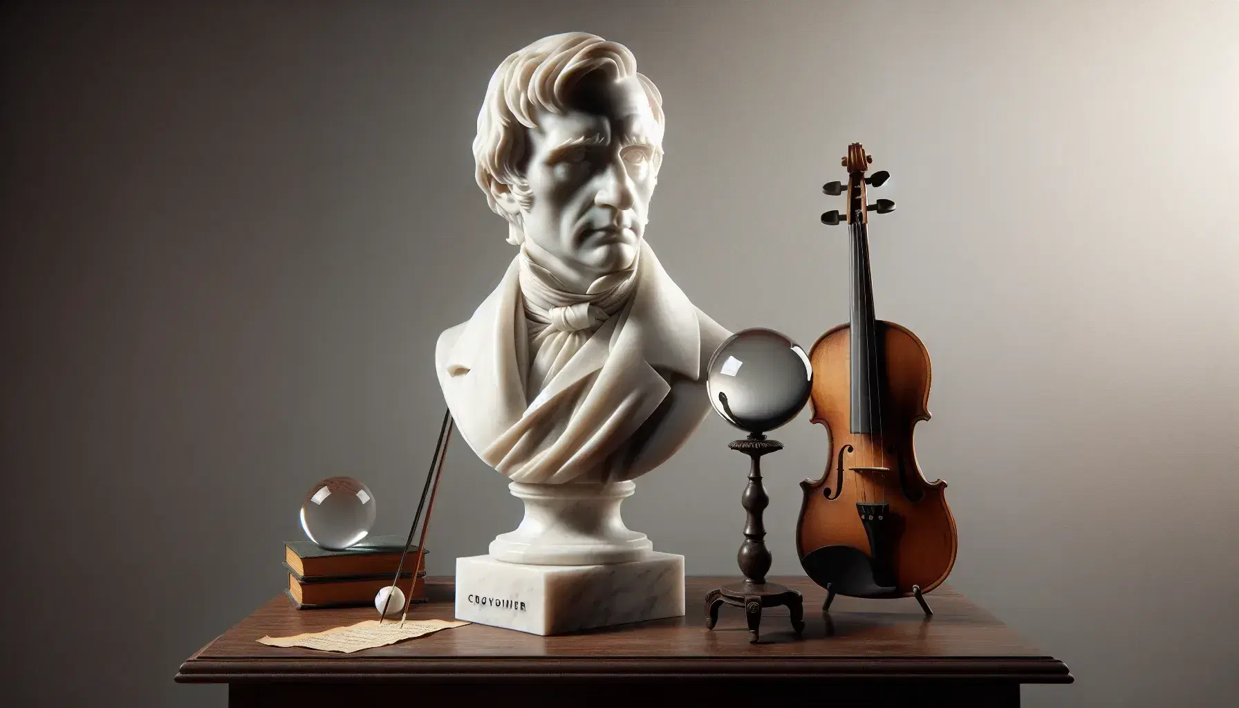 Busto in marmo bianco di filosofo vittoriano con sfera di vetro e violino antico su sfondo grigio chiaro.