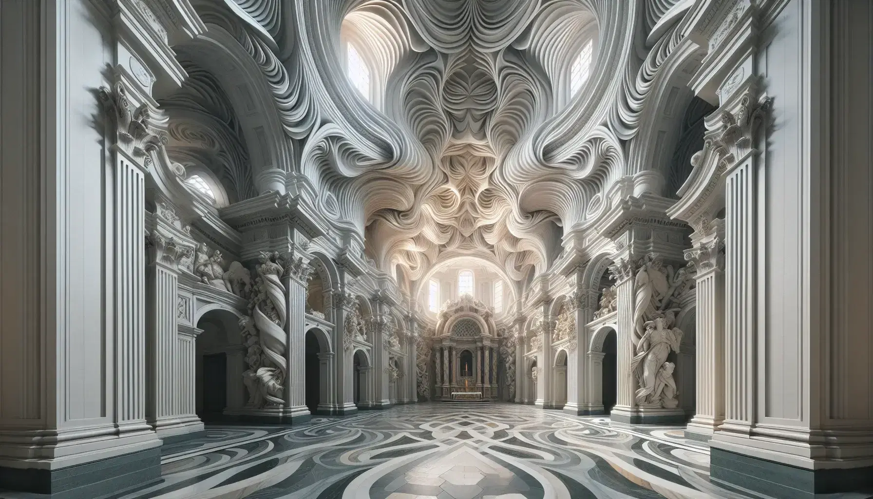 Interno della chiesa San Carlo alle Quattro Fontane a Roma, con volte ondulate, colonne tortili e nicchie con statue, in un gioco di luci e ombre.