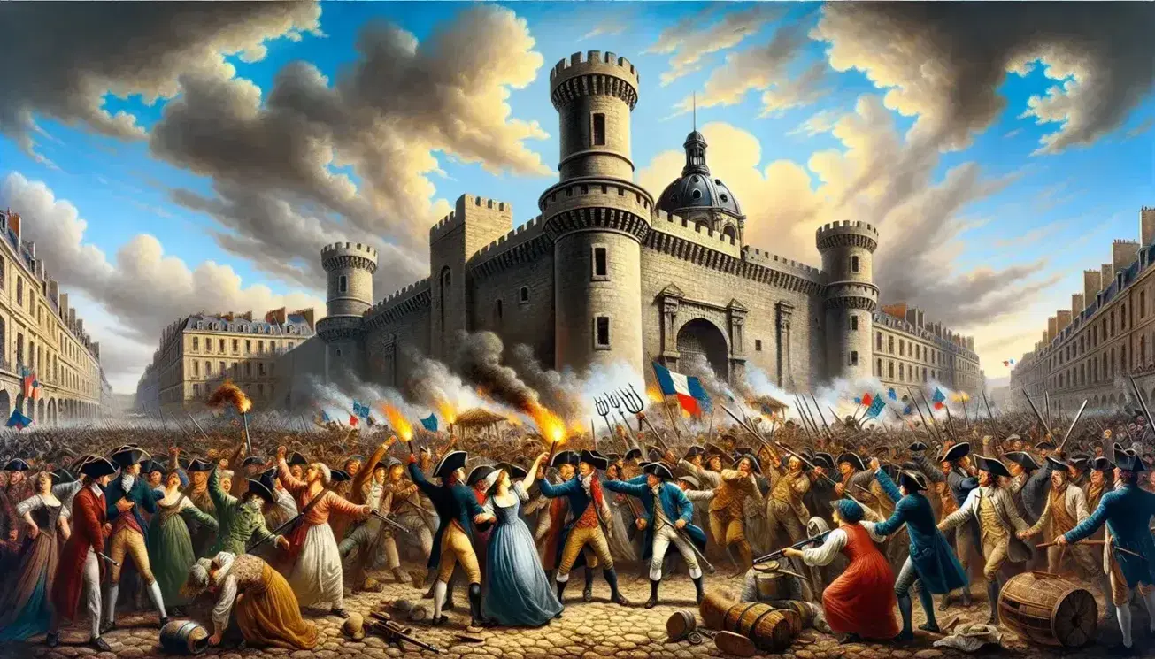 Assalto alla Bastiglia durante la Rivoluzione Francese, folla in rivolta con torce e fucili fronteggia soldati in disordine sotto un cielo dorato.