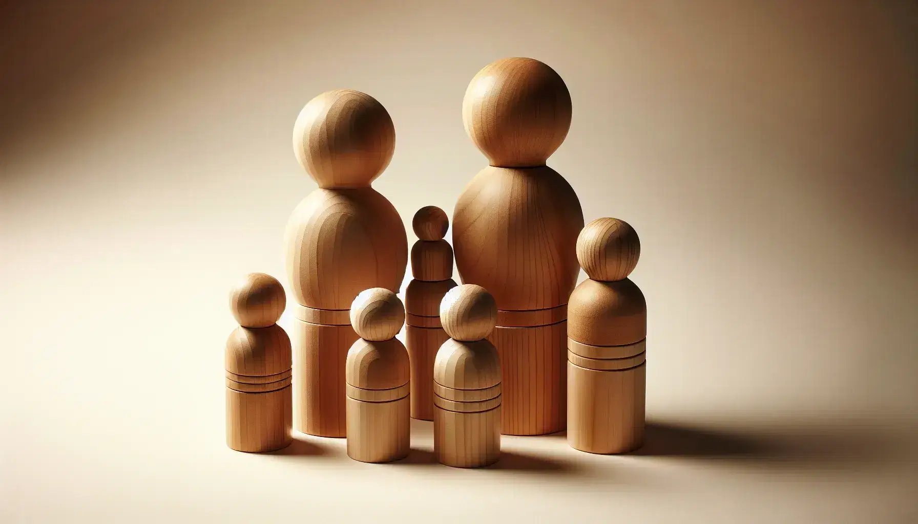 Conjunto de figuras de madera en forma de familia con un adulto y tres niños de distintos tamaños sobre fondo neutro, transmitiendo calidez y unidad familiar.