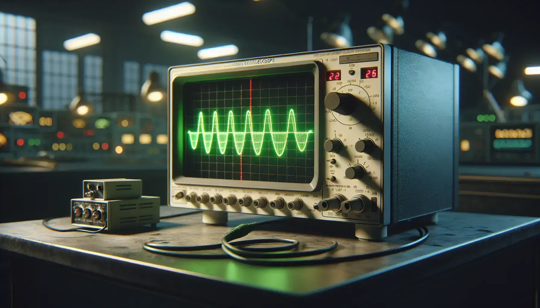 Oscilloscopio moderno visualizza curva sinusoidale verde su schermo, collegato a generatore di segnali in laboratorio di elettronica.
