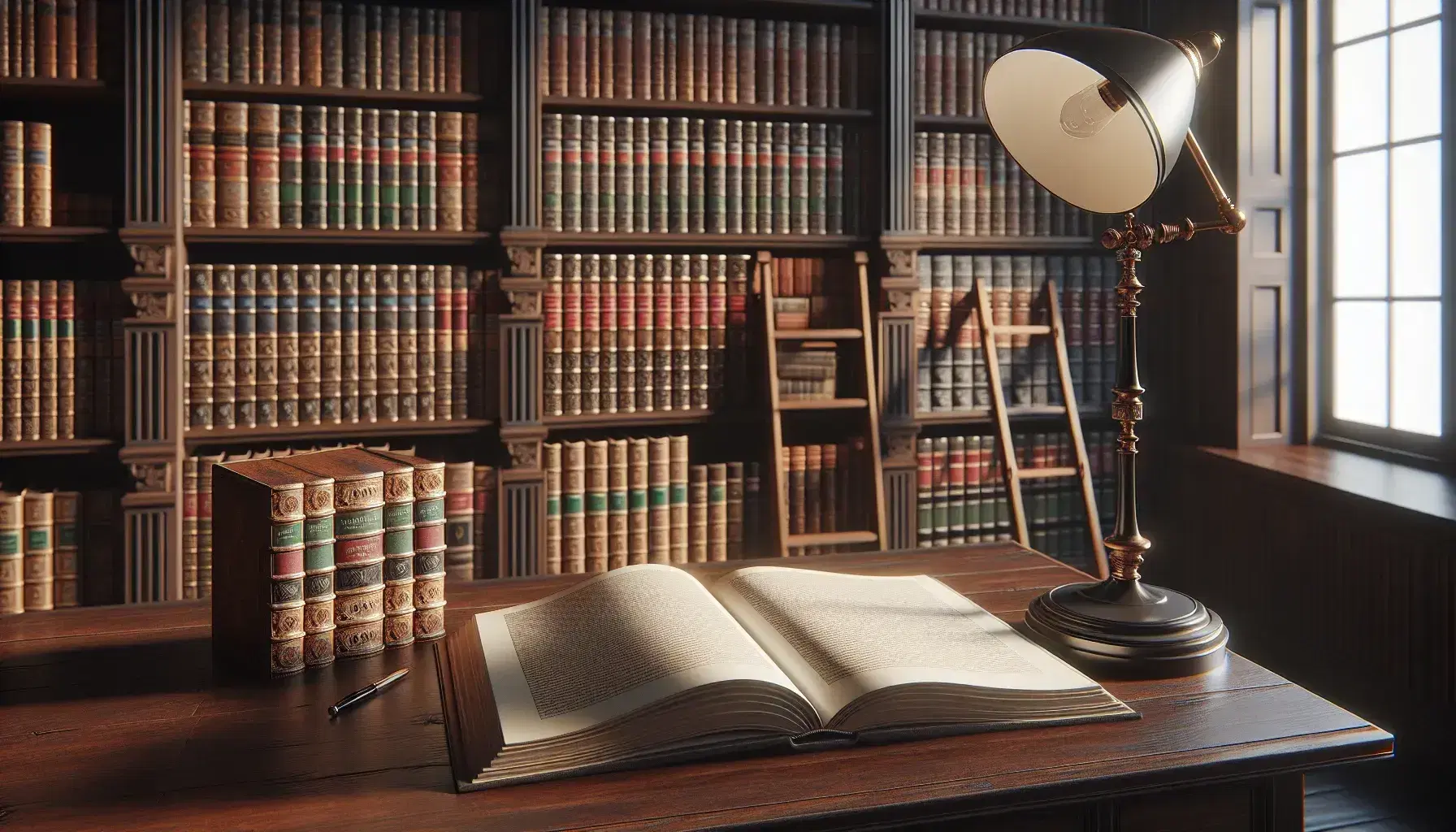 Biblioteca clásica con estanterías de madera oscura llenas de libros encuadernados en cuero, mesa con libro abierto y lámpara de pie, escalera de madera al fondo.