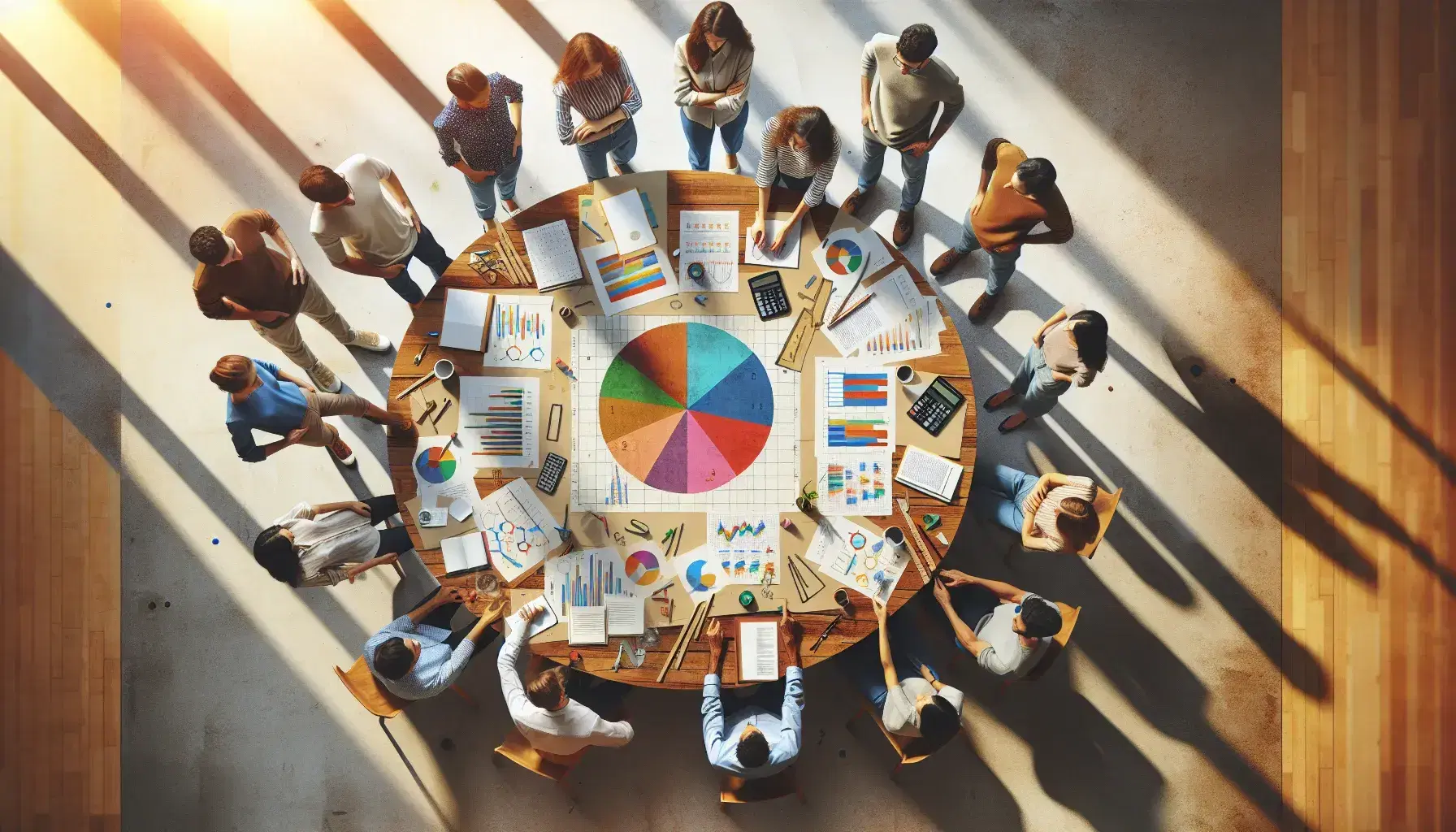 Gruppo di persone in discussione attorno a un tavolo rotondo con grafici colorati, calcolatrici e strumenti da disegno, in ambiente luminoso.