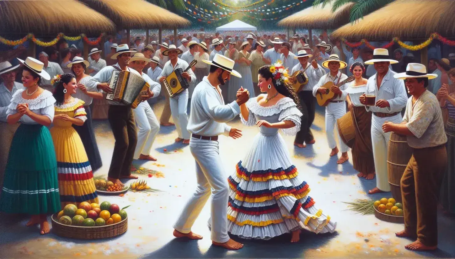 Pareja bailando cumbia en ambiente festivo al aire libre con trajes típicos colombianos, rodeados de espectadores y música, bajo un cielo azul.