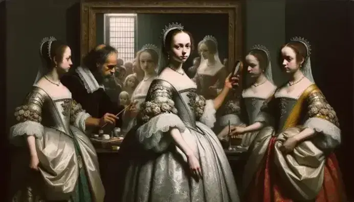 Reproducción detallada de 'Las Meninas' de Velázquez, con la Infanta Margarita central, meninas a los lados, el artista al lienzo y un espejo reflejando figuras reales.