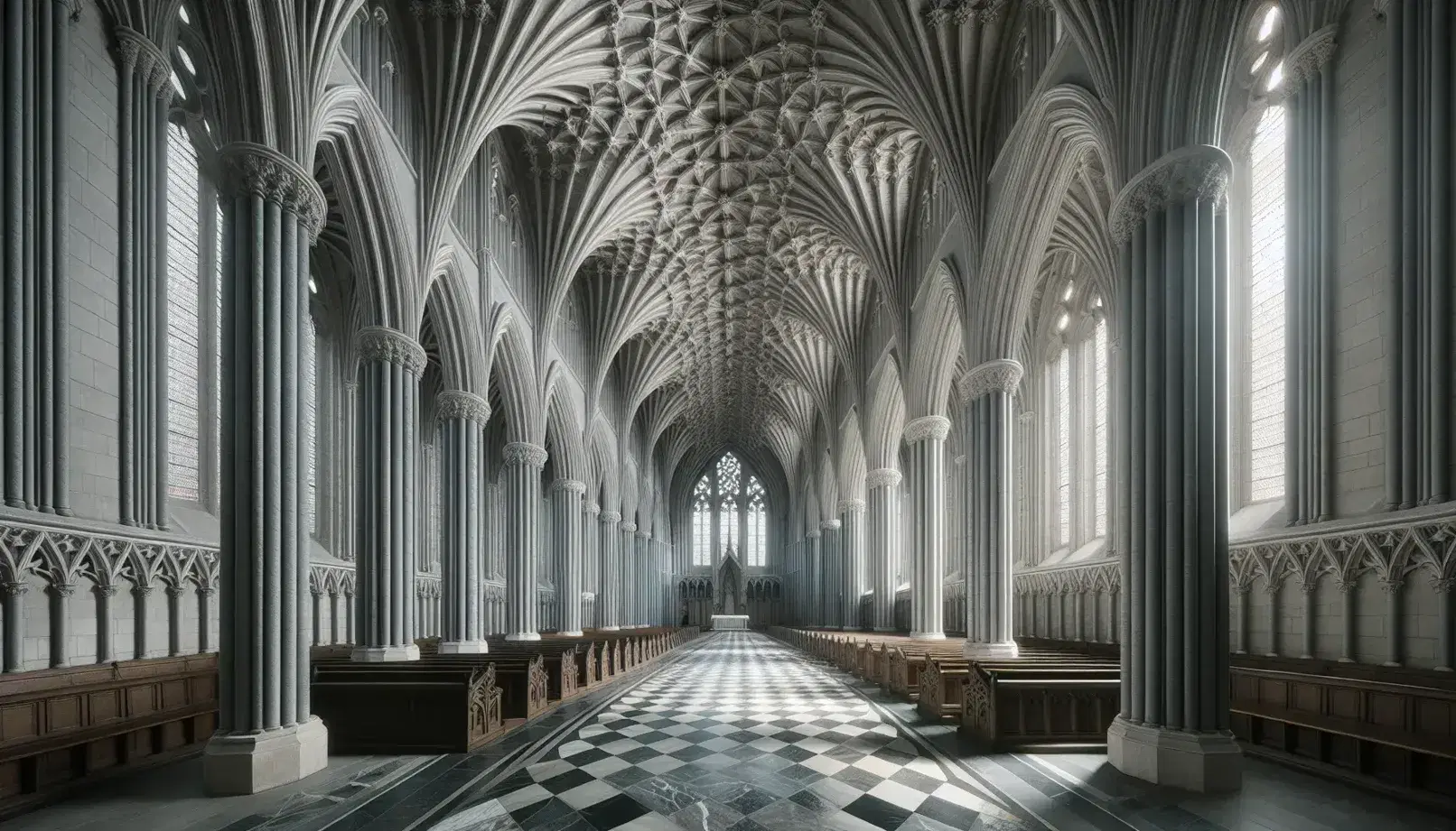Interior gótico de catedral con pilares de piedra, arcos apuntados, techo abovedado con nervaduras y suelo de mármol ajedrezado iluminado por luz natural.
